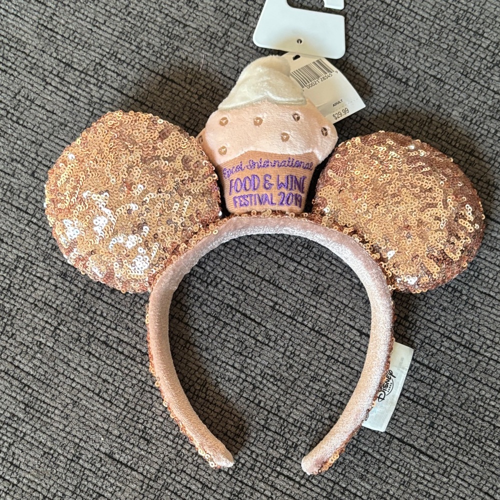Authentic Disney Rose Gold Sequin Minnie Ears with Cupcake Design